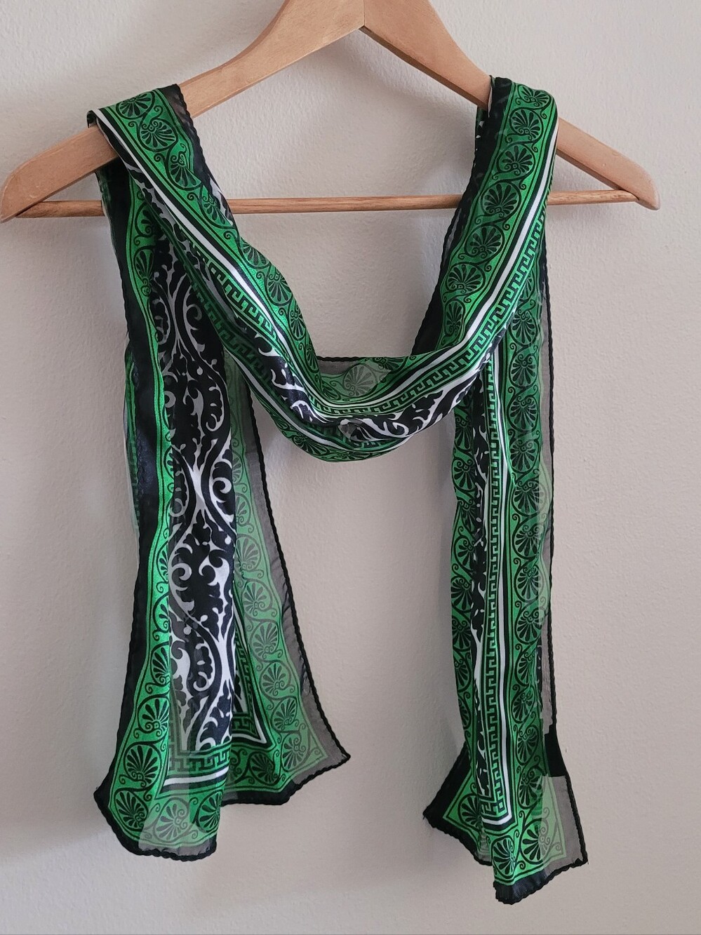 Vintage Patterned Silky Scarf or Head Wrap, Black, White and True Green.